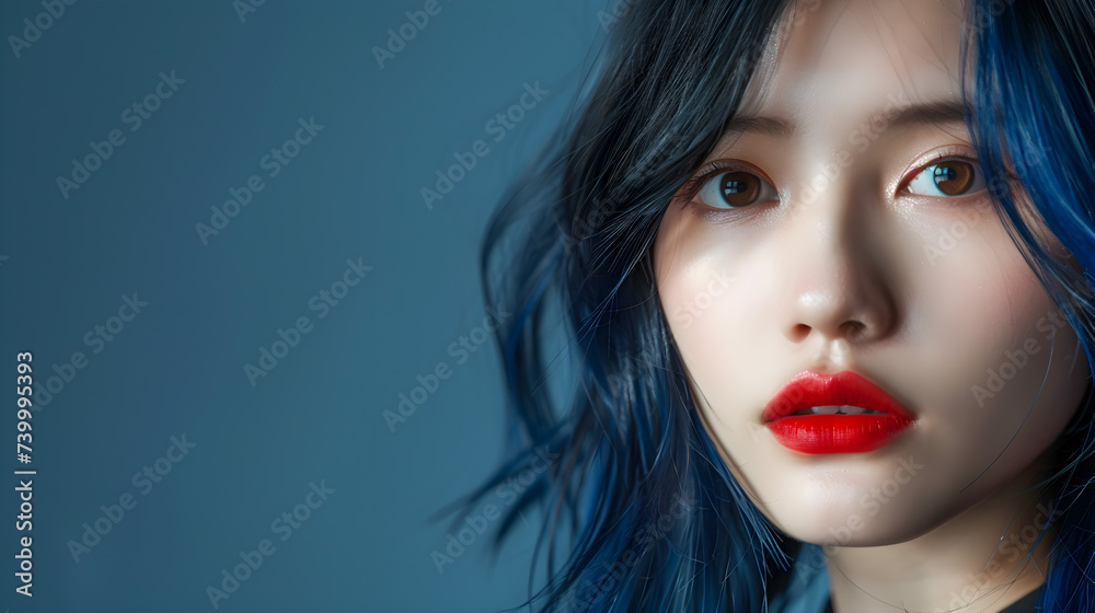 Close up portrait of beautiful asian woman with blue hair and red lips Close up portrait of beautiful asian woman with blue hair and red lips