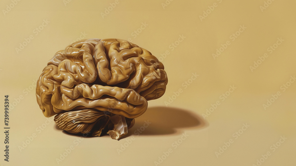 creative image of a brain in the form of a walnut in a surreal modern pop art style. minimalism. pastel yellow background. creative image of a brain in the form of a walnut in a surreal modern pop art style. minimalism. pastel yellow background.