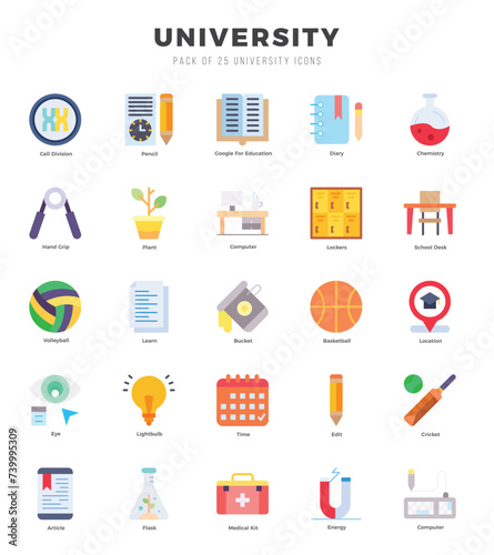 Set of 25 University Flat Icons Pack.