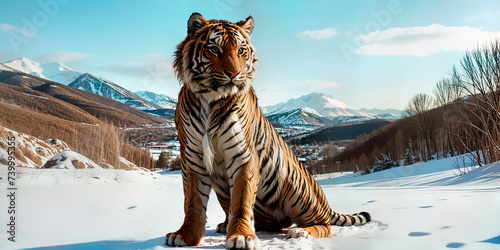 Abstract image of an Amur tiger against the backdrop of a winter landscape and snow-capped mountains.