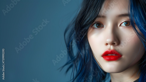 Close up portrait of beautiful asian woman with blue hair and red lips
