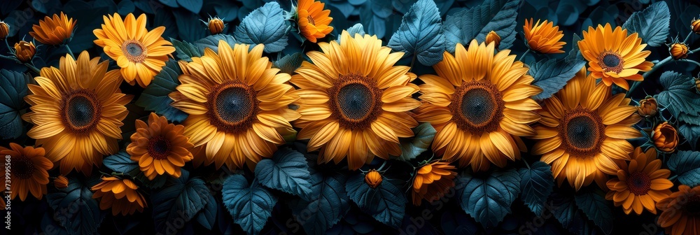 Rustic sunflower pattern with bright yellow flowers and green leaves, Background Image, Background For Banner