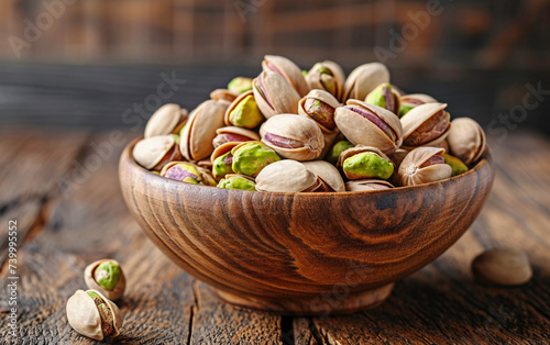 a bowl of nuts on a wood surface