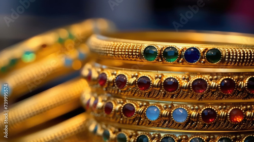 Traditional bracelet jewelry from India made of gold and precious stones photo