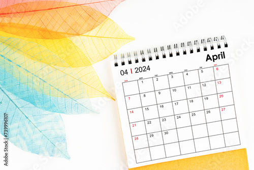April 2024 monthly desk calendar and fiber structure of dry leaves texture, skeleton leaf. © gamjai