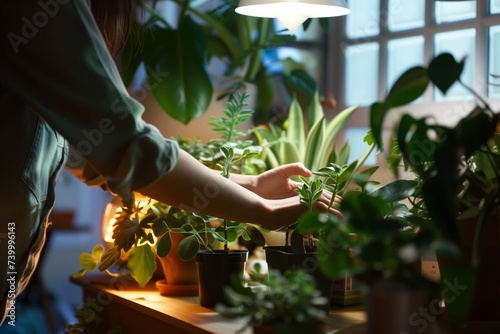 person tending to indoor plants, night light