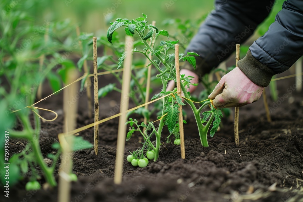 person tying tomato plants to stakes in a farm Stock Photo Adobe Stock