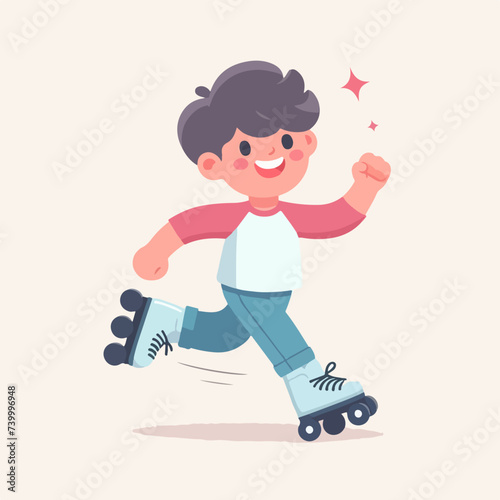 happy little boy rollerblading with gusto cartoon character illustration