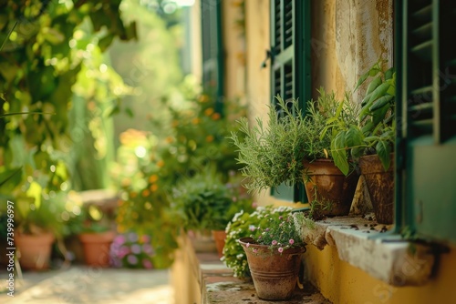 Fresh green herbs basil, rosemary and coriander in pots on the terrace of the house © Lubos Chlubny