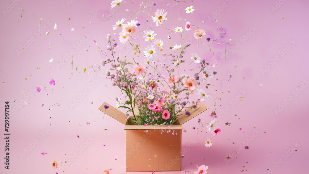 spring flowers fly out of an open box on a pastel background.  - obrazy, fototapety, plakaty 