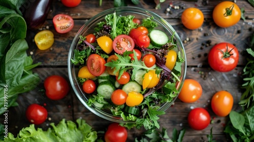 Different types of salads with various lettuces and gourmet tomatoes.