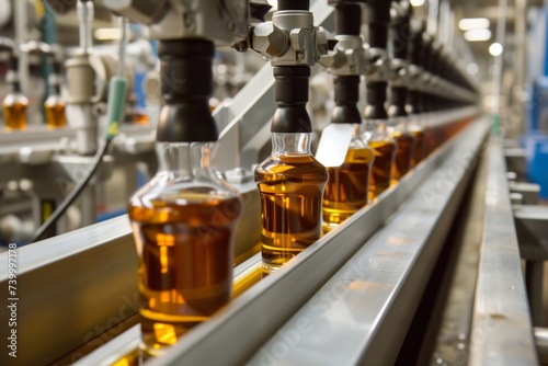 conveyor belt with bottles being filled with whisky