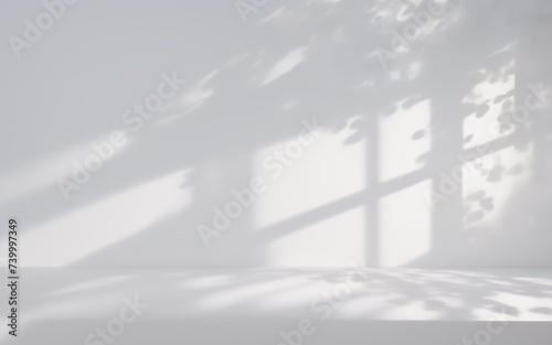 Beautiful shadow from a window and tree leaves on a white wall. Simple minimalistic natural background for presentation.