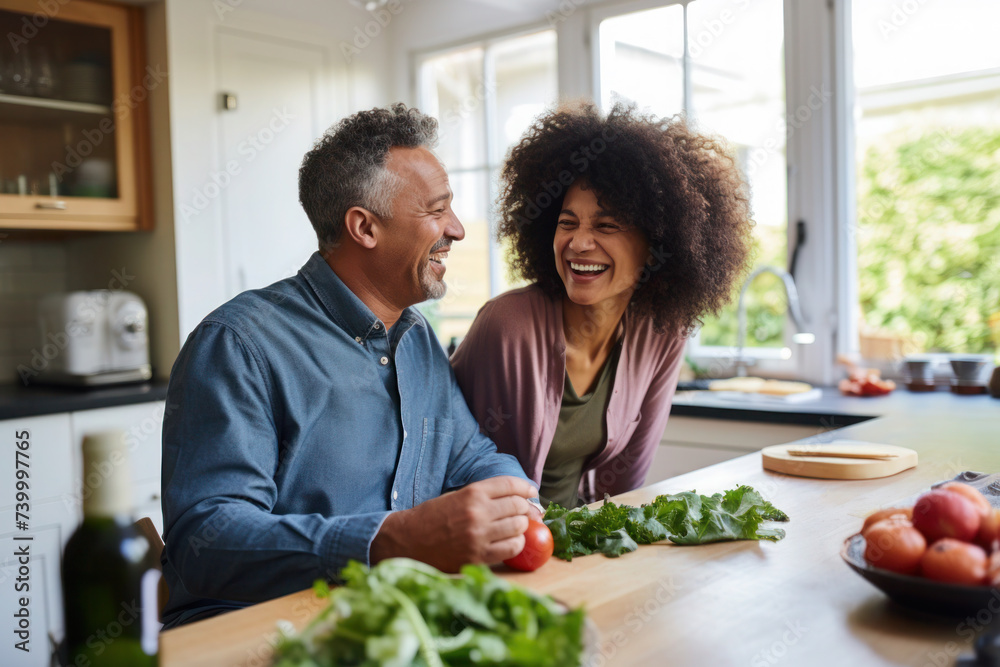 Married young multiracial couple cooking in the kitchen