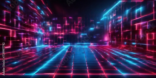 Cyan blue and red grids neon glow light grid backdrop design with creativity, virtual reality concept, hi-tech abstract backgroud