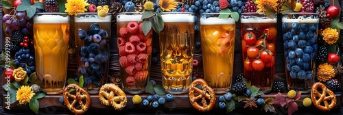 Traditional Bavarian pattern with pretzels, beer, and lederhosen, Background Image, Background For Banner photo