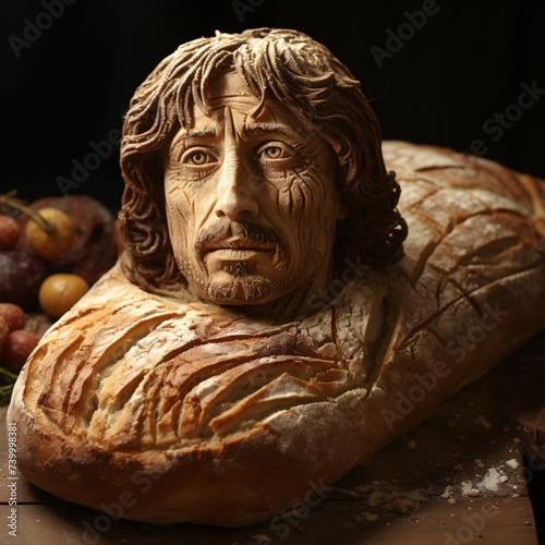 a sculpture of a man s head on a loaf of bread