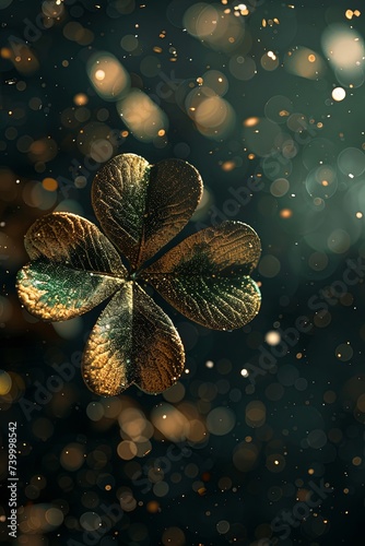 Leaf clover in gold on a black background  in the style of bokeh panorama  light green and dark emerald  valentine penrose  spectacular backdrops  confetti-like dots.