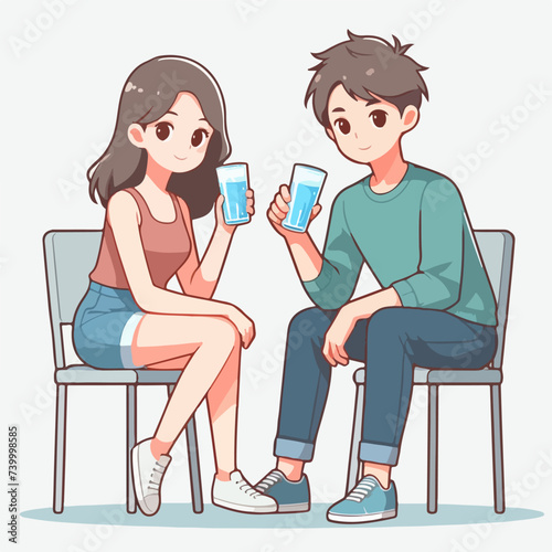 young millennial couple sitting on a chair drinking water cartoon character illustration