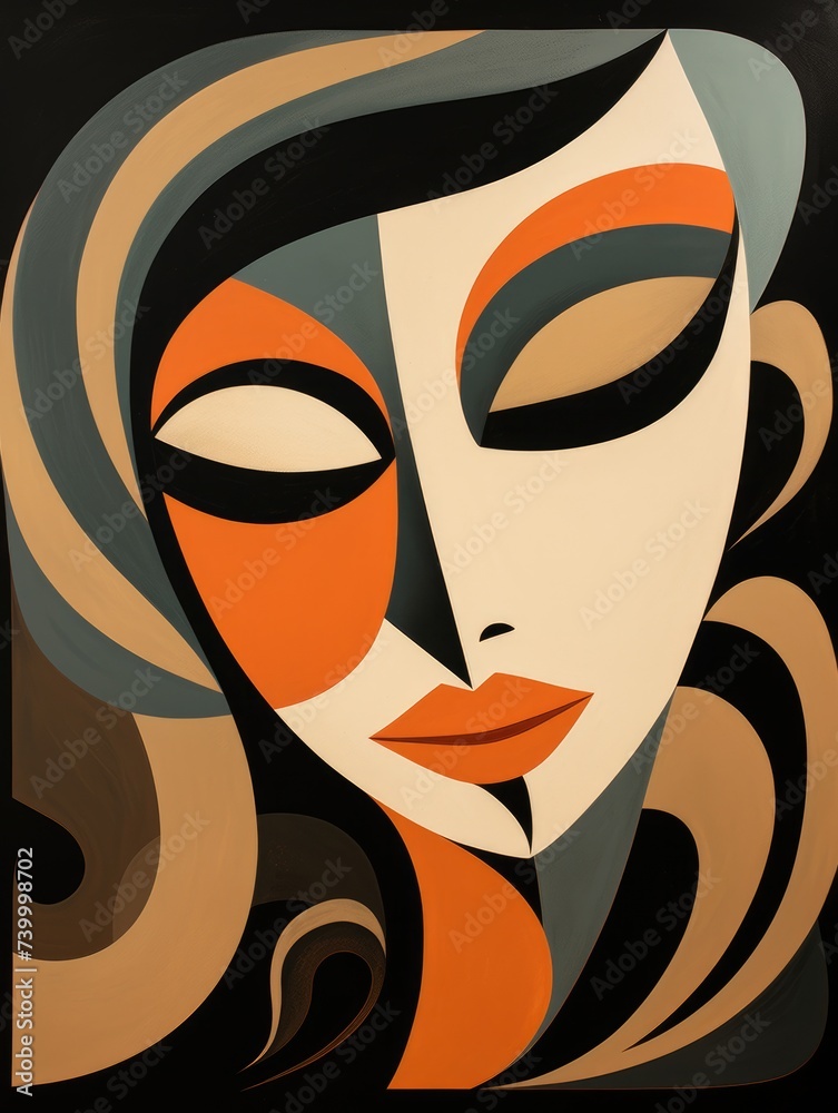 Fototapeta premium The painting depicts the detailed face of a woman with flowing long hair, capturing her beauty and grace in a realistic style.