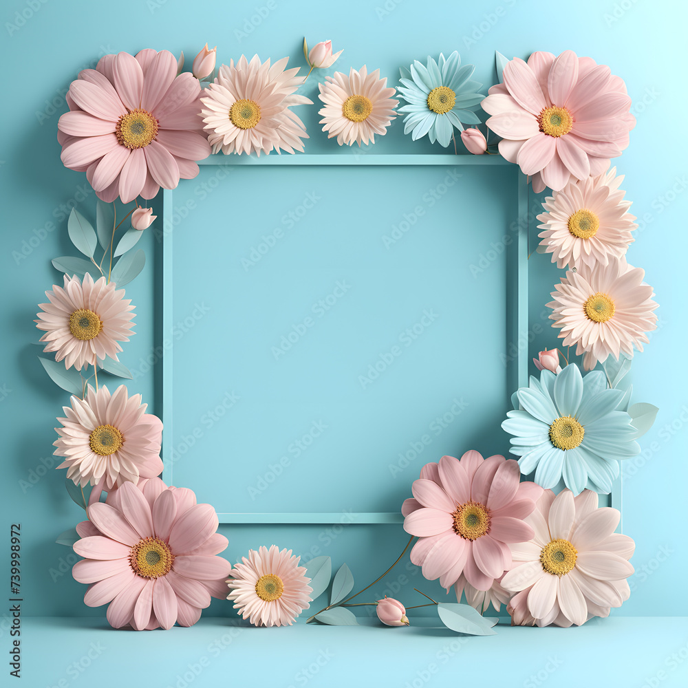 3D empty frame with floral flower on blue background. Great for showcasing Mother's Day and Women's Day promotions.