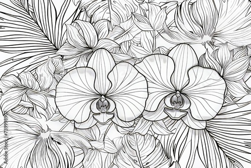 An exquisite tropical leaf line art background . Featuring natural monstera palm leaves and orchid flower patterns in a minimal linear contour style. This design is suitable for fabrics, prints,