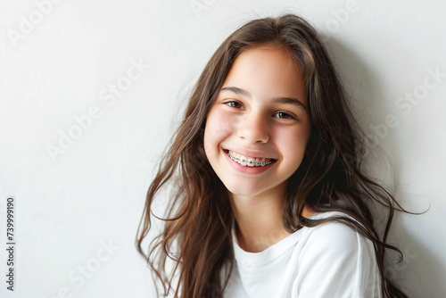 Smiling girl with braces on her teeth in the light background photo