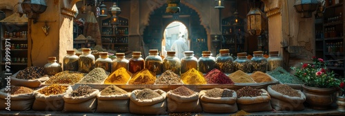 Vibrant pattern of a Moroccan spice market with jars and sacks, Background Image, Background For Banner
