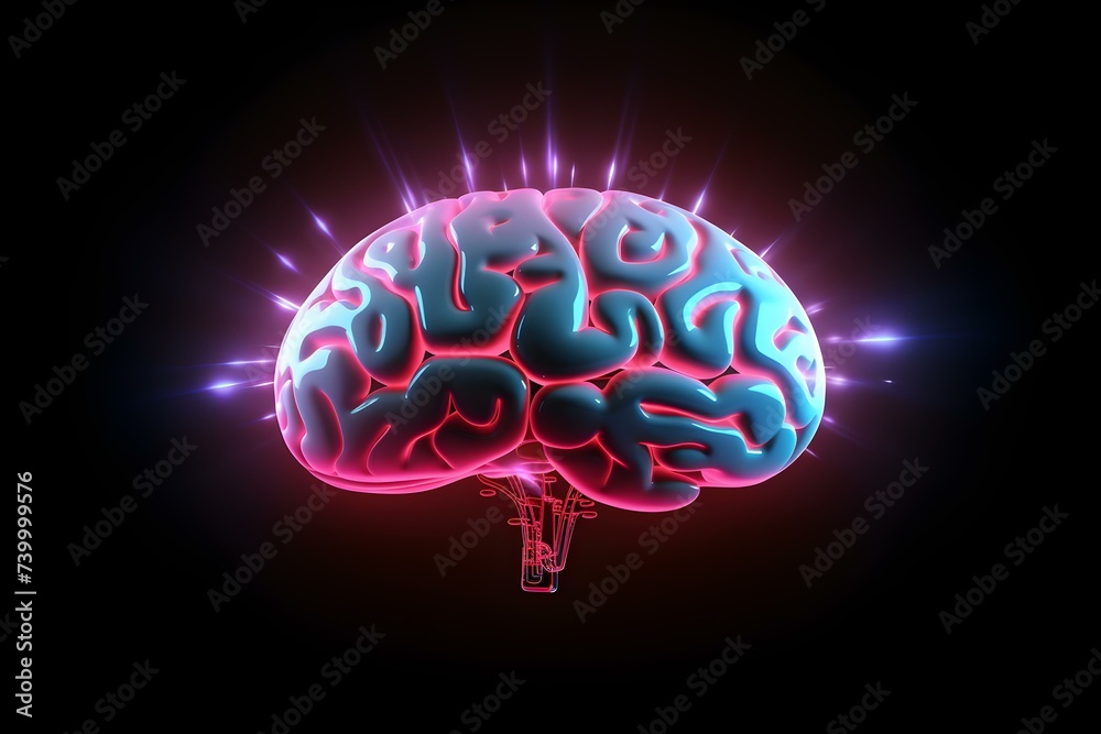 Neon glow human brain hovering on black background. Concept Neuroscience, Brain Science, Glow Effect, Futuristic Technology, Abstract Art