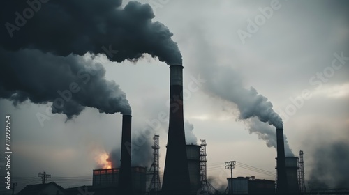 Industrial smokestacks emitting black smoke, concept of air pollution and environmental impact, banner