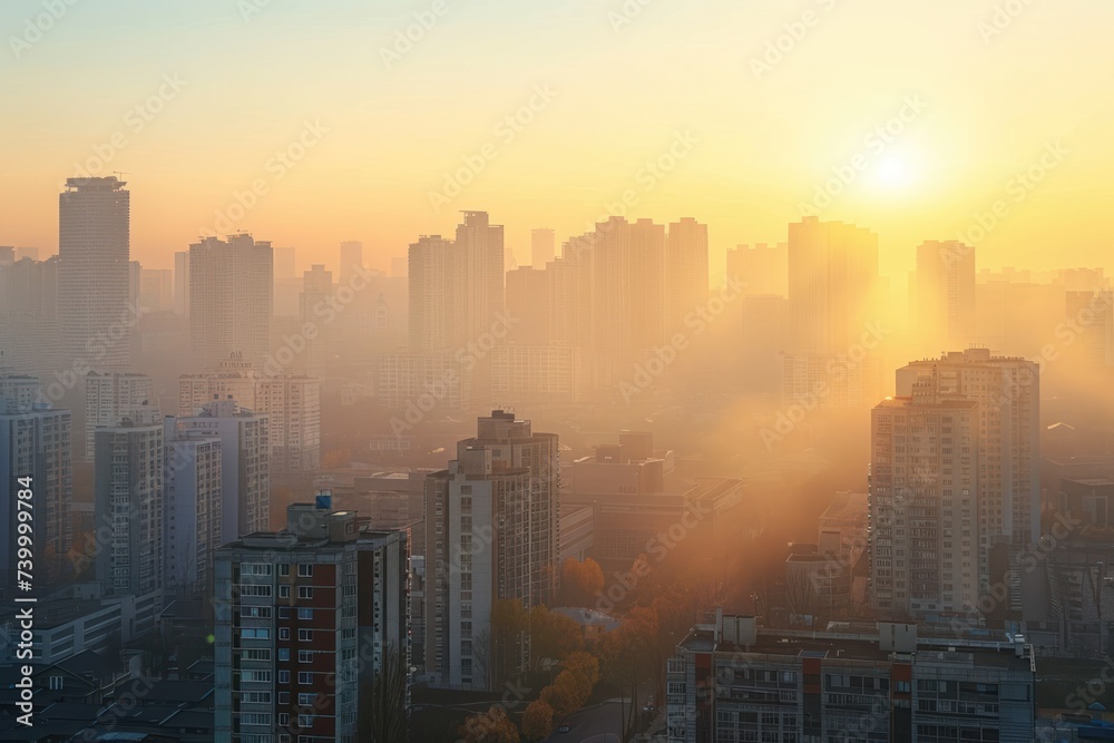 Elevated city view at sunset capturing golden glow of sun over urban landscape stunning panorama of skyscrapers and architecture reflecting beauty of evening light in bustling downtown