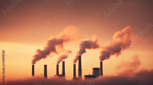 Industrial factory chimneys emitting black smoke, concept of air pollution and environmental impact, banner