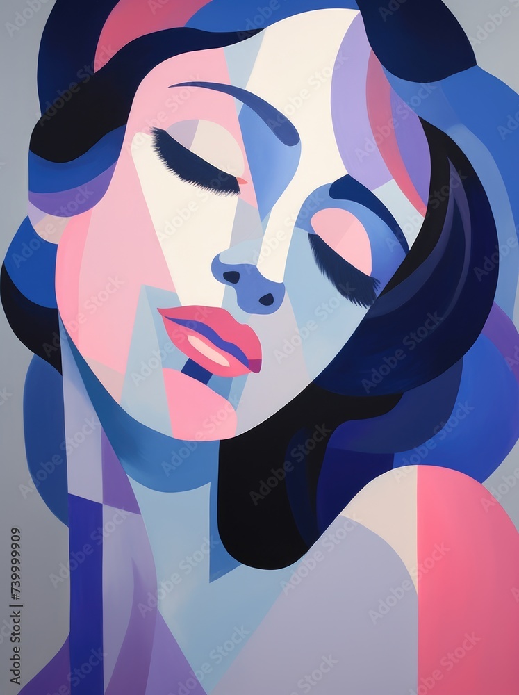 A painting depicting a woman with her eyes closed, capturing a moment of introspection or relaxation. A painting depicting a woman with her eyes closed, capturing a moment of introspection or relaxation.