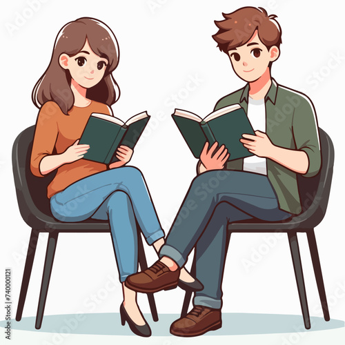 young millennial couple sitting on a chair reading a book cartoon character illustration