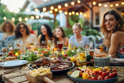 A group of stylishly dressed women enjoy a leisurely outdoor brunch at a restaurant  surrounded by delectable dishes and elegant tableware  their faces full of joy and laughter