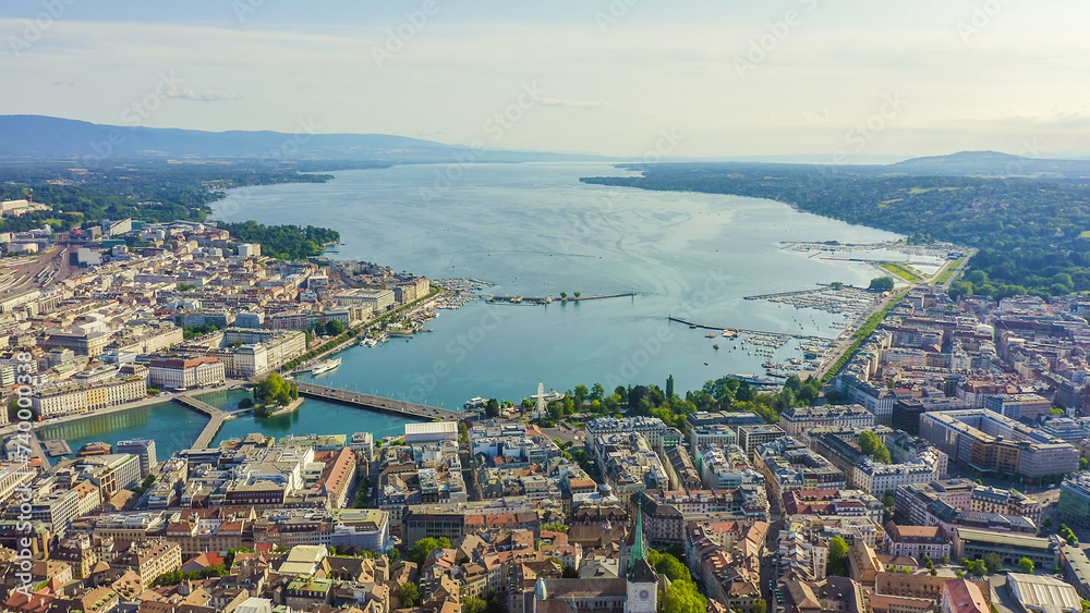 Geneva, Switzerland. Flight over the central part of the city. Lake Geneva, Aerial View