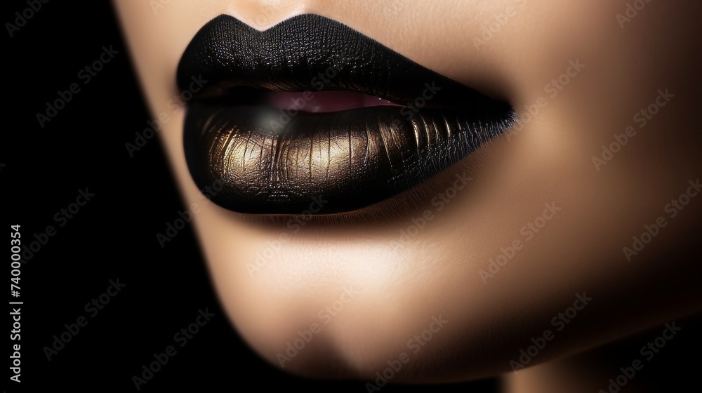 Fototapeta premium Macro detail of women golden lips on a black background, hyperreal photography and beauty concept, banner