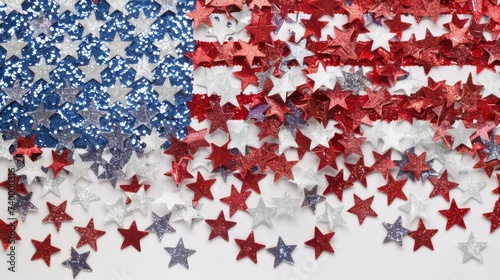 USA flag made from glitter stars confetti. Template for celebrating United States of America national holidays - 4th of July, Memorial day, Veteran's day and other.