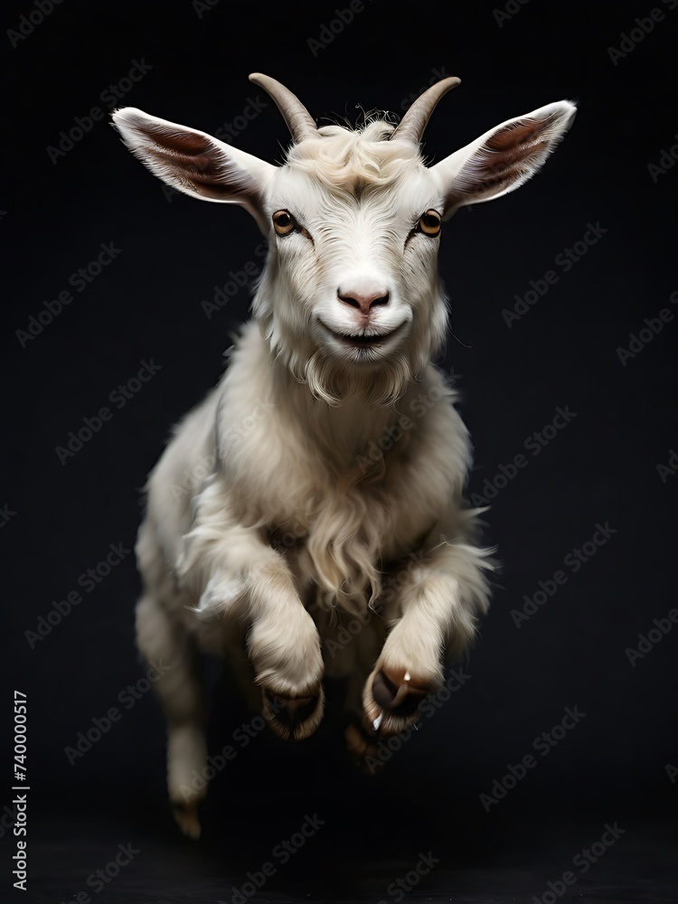 Fototapeta premium Jumping white goat isolated on a black background