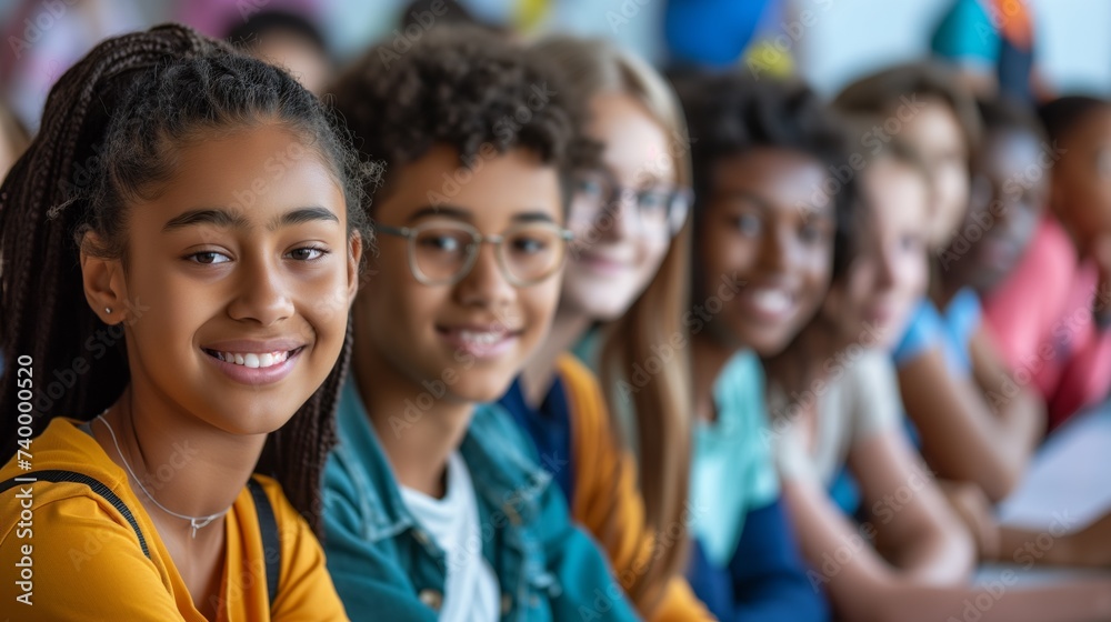 Group of Smiling Teenagers in a Diverse Classroom Setting Looking Forward Group of Smiling Teenagers in a Diverse Classroom Setting Looking Forward