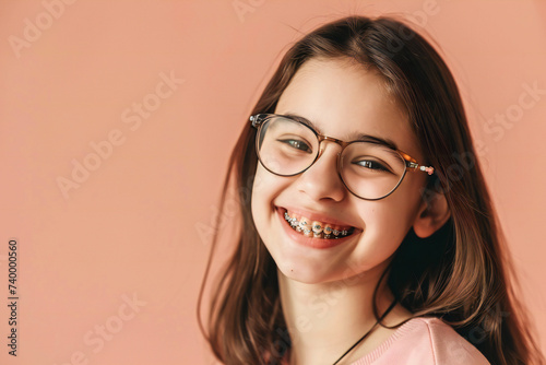 Smiling girl with braces on her teeth in the light background