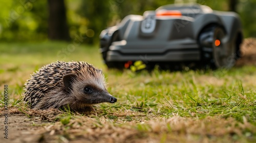 Hedgehog Cautiously Walking on Grass in Front of a Lawn Mower Robot
