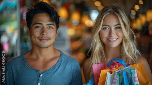 Smiling Couple with Shopping Bags in a Brightly Lit Store © Hannes