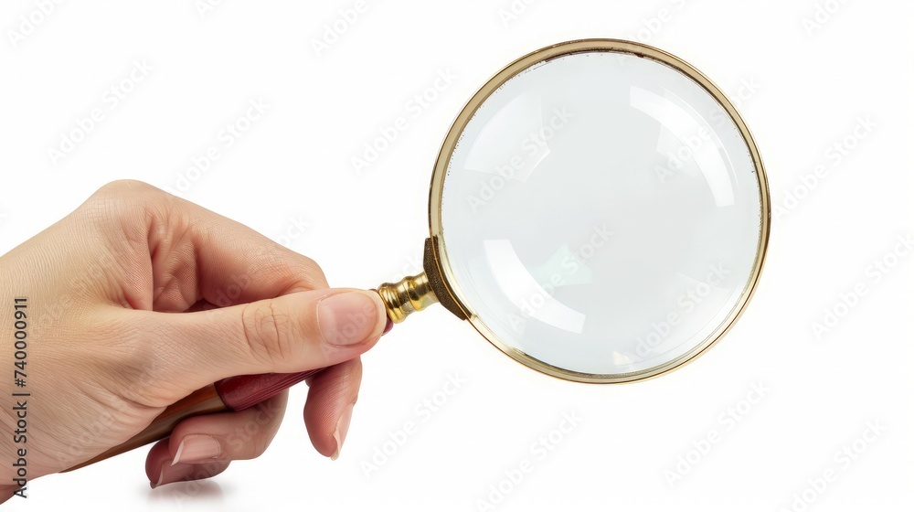 A female hand holding a magnifying glass isolated on a white background. A female hand holding a magnifying glass isolated on a white background.
