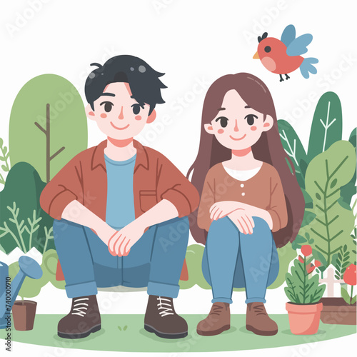 young millennial couple sitting among plants cartoon character illustration