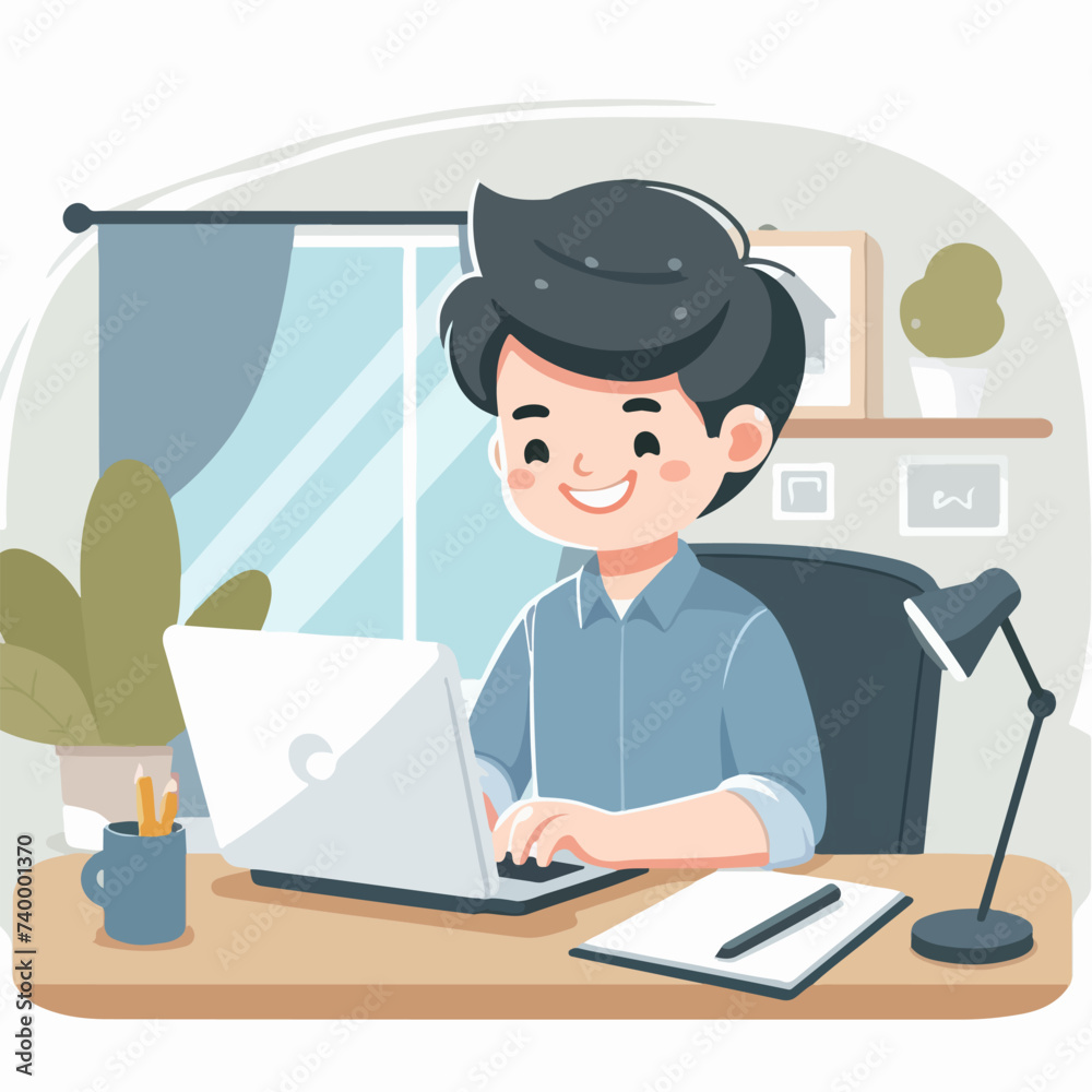 young man working on a laptop with passion cartoon character illustration