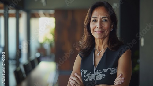 Beautiful hispanic senior business woman with crossed arms smiling at camera. European or latin confident mature good looking middle age leader female businesswoman on office background, photo