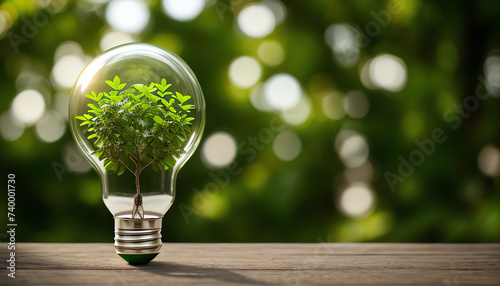 Green tree in lightbulb on the wooden table and green bokeh background. global warming, carbon credit.