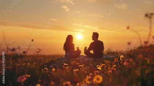 Couple Sitting on Top of Grass Covered Field