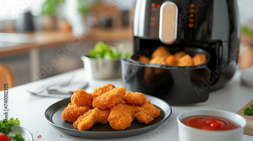 chicken nuggets on the plate and in the air fryer photo